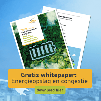 Promotieafbeelding van een whitepaper van Audax Renewables met als titel 'Energieopslag en congestie: De rol van batterijen bij het oplossen van energieproblemen'. Op de voorpagina is een batterijvorm afgebeeld in een boslandschap. Onderaan staat een gele knop met de tekst: 'Gratis whitepaper: Energieopslag en congestie – download hier'