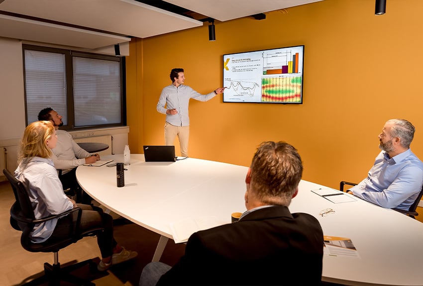 Zakelijke presentatie in moderne vergaderruimte, waarbij een medewerker grafieken en data toont op een scherm aan een groep collega's.