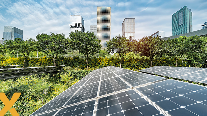 Zonnepanelen in een groene stedelijke omgeving met moderne hoogbouw op de achtergrond.