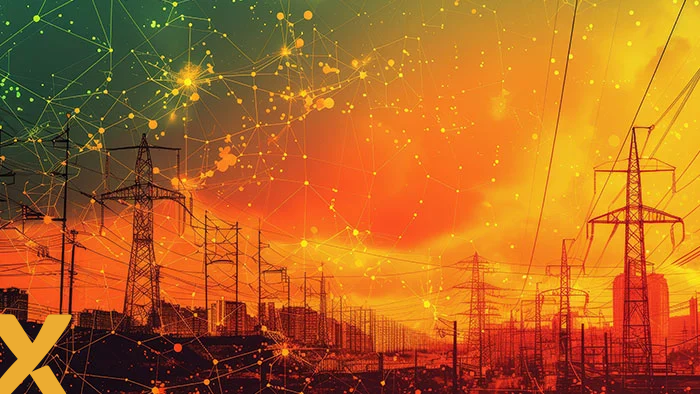 Illustratie van hoogspanningsmasten in een stedelijk gebied met een kleurrijke netwerkoverlay, symbool voor energiehubs en elektriciteitsinfrastructuur.