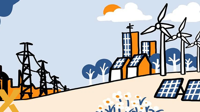 Getekend landschap met hoogspanningsmasten links en rechts huizen met zonnepanelen, windturbines, bomen en een stralende zon in de lucht.