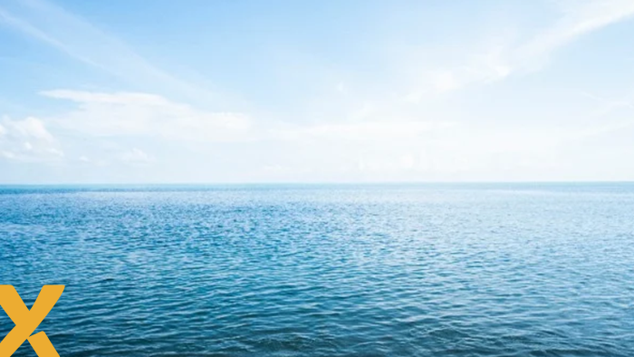 Rustige zee onder een heldere, blauwe hemel met zicht op de horizon.