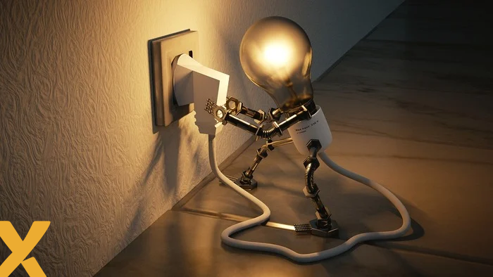 Creatieve illustratie van een gloeilamp met menselijke ledematen die een stekker in het stopcontact steekt, symbool voor energie en zelfvoorziening.