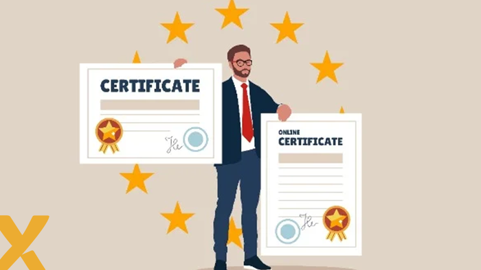Illustratie van een man met certificaten in beide handen, omringd door sterren, symbool voor erkenning en naleving van regelgeving.