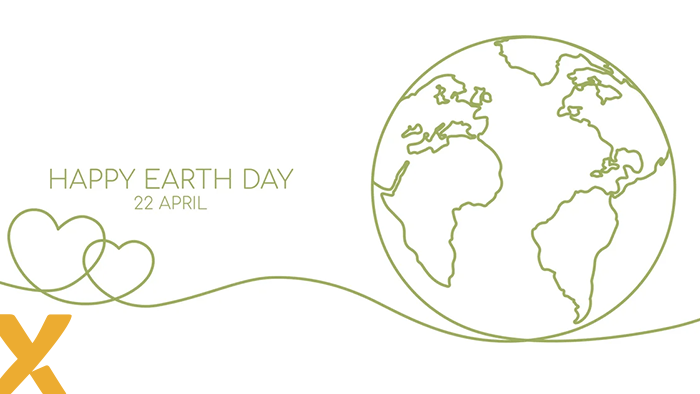 Lijntekening van de aarde met een hartvormige lijn en de tekst ‘Happy Earth Day 22 April’ tegen een witte achtergrond.