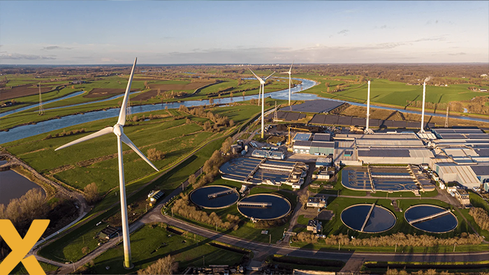 Luchtfoto van een industrieel terrein met windmolens en waterzuiveringsinstallatie in een groen, landelijk landschap.