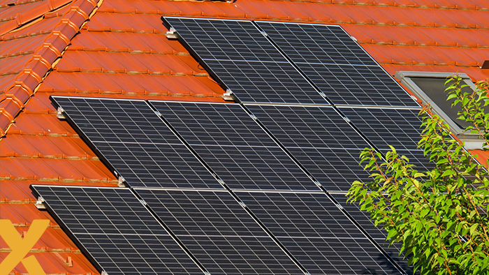 Zonnepanelen op een rood pannendak van een woning met een dakraam en deels zichtbare boomtakken.