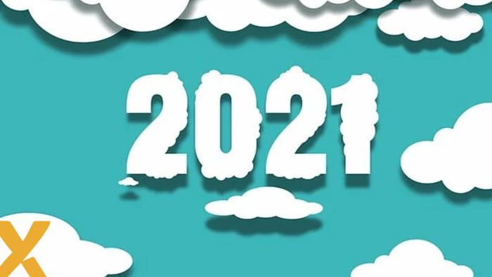 Illustratie van het jaartal ‘2021’ in wolkachtige witte letters tegen een blauwe achtergrond met getekende wolken.