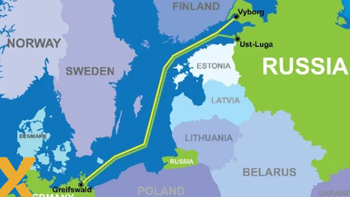 Kaart van Europa met daarop het tracé van de Nord Stream-gaspijpleiding van Rusland naar Duitsland.