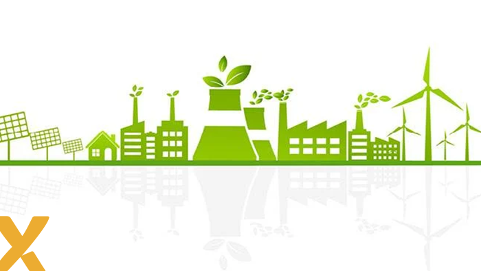 Groene silhouet van een stads- en industriegebied met zonnepanelen, fabriekspijpen met bladeren en windturbines als symbool voor duurzame energie.