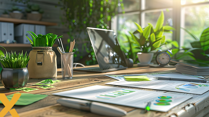 Duurzaam ingericht kantoor met laptop, documenten en veel groene planten op een houten bureau in natuurlijk licht.
