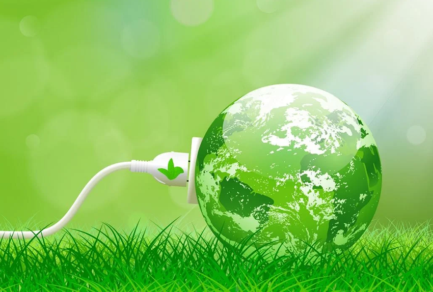 Illustratie van een groene aarde aangesloten op een stekker in het gras, als symbool voor duurzame energie en milieuvriendelijke stroomvoorziening.