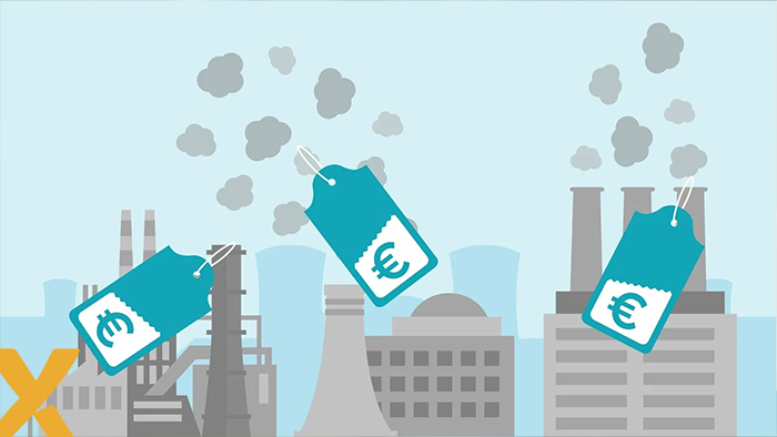 Illustratie van fabrieksgebouwen met rokende schoorstenen en rondzwevende prijskaartjes met eurotekens, symbool voor de kosten van vervuiling.