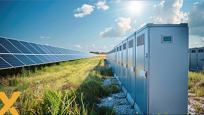 Zonnepanelen en grote batterijen voor energieopslag in een landelijk gebied onder een zonnige hemel.