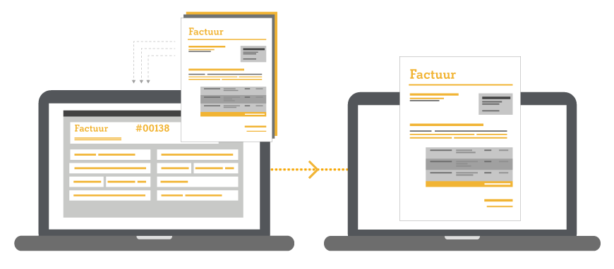 Illustratie van het digitale facturatieproces met twee laptops en een factuur die elektronisch wordt verzonden van het ene scherm naar het andere.