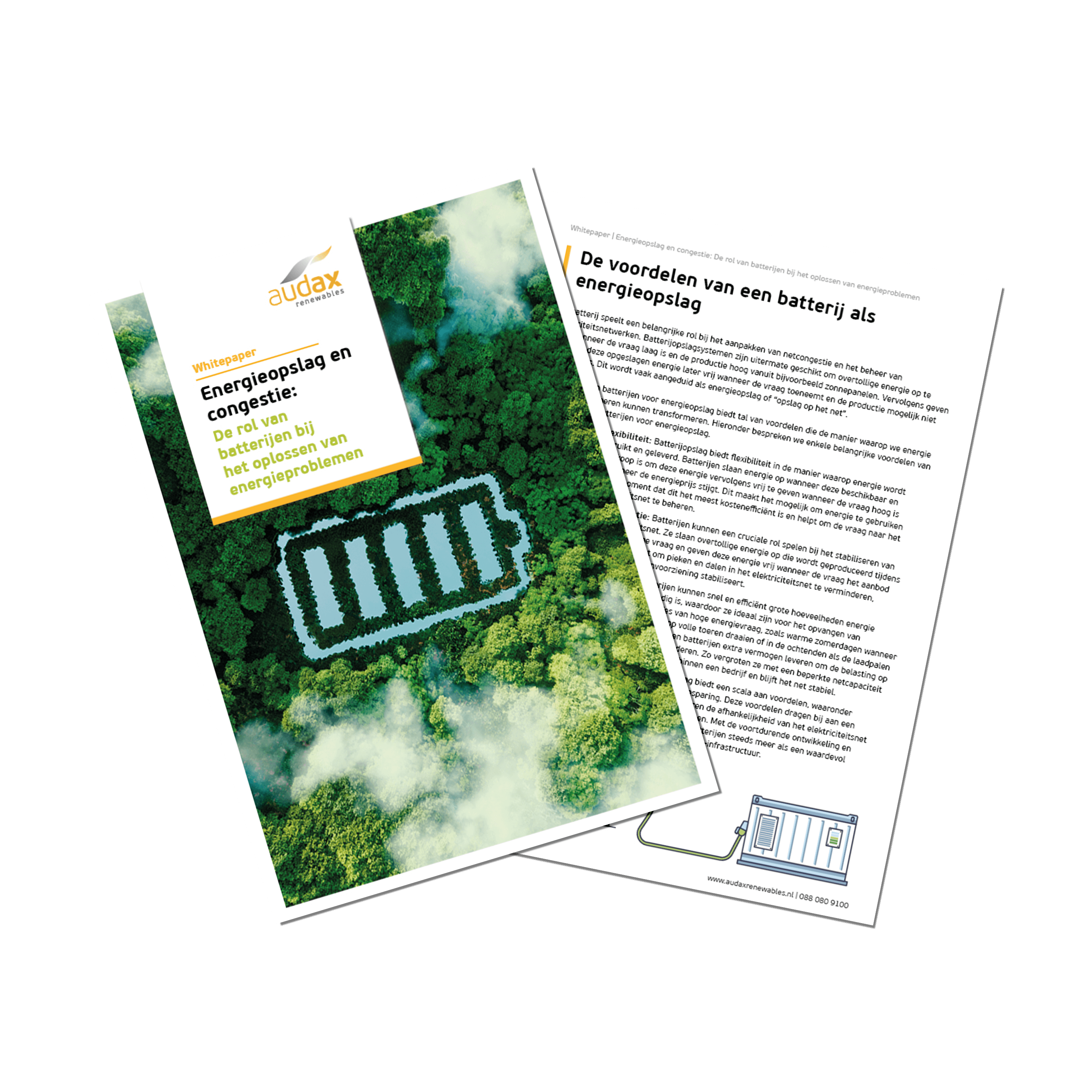 Twee pagina's van een whitepaper van Audax Renewables met de titel 'Energieopslag en congestie: De rol van batterijen bij het oplossen van energieproblemen', met op de voorpagina een luchtfoto van een bos waarin een batterij-icoon is uitgesneden, en op de tweede pagina een uitleg over netcongestie met een illustratie van duurzame energiebronnen.