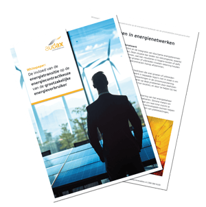 Voorpagina van een whitepaper van Audax Renewables met de titel 'De invloed van de energietransitie op de energiecontractkeuze van de grootzakelijke energieverbruiker', met een silhouet van een man die uitkijkt op windmolens en zonnepanelen.