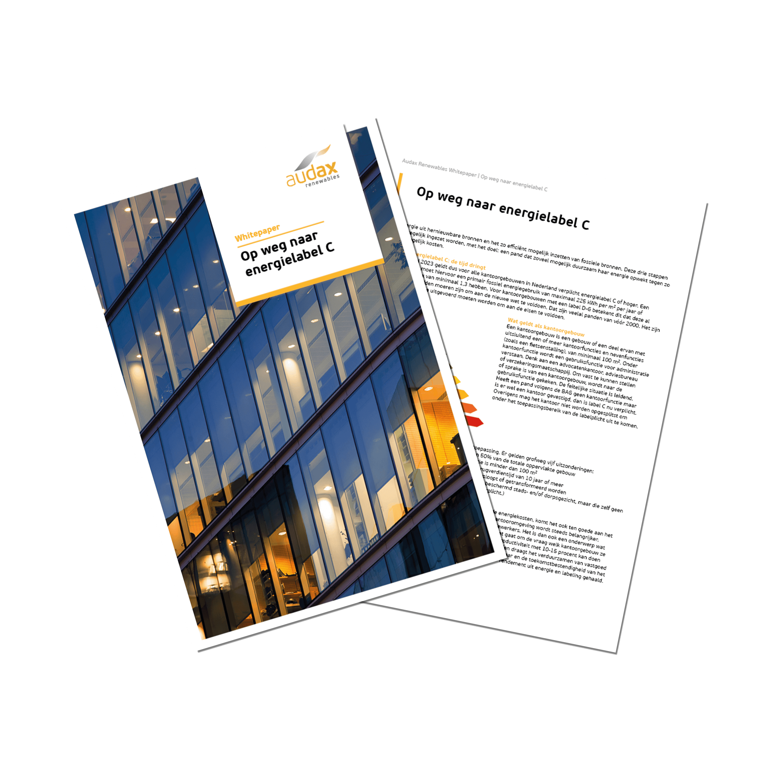 Mockup van een whitepaper van Audax Renewables met de titel 'Op weg naar energielabel C', met op de voorpagina een foto van een modern kantoorgebouw met verlichte ramen en op de tweede pagina informatie over regelgeving en stappen richting energielabel C.