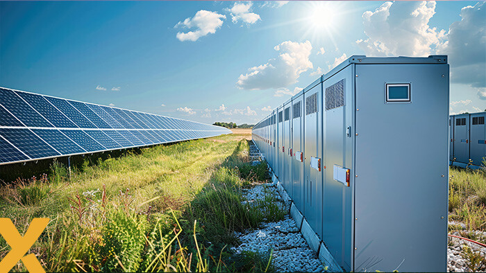 Zonnepanelenveld naast een rij industriële batterijen voor energieopslag onder een zonnige hemel.